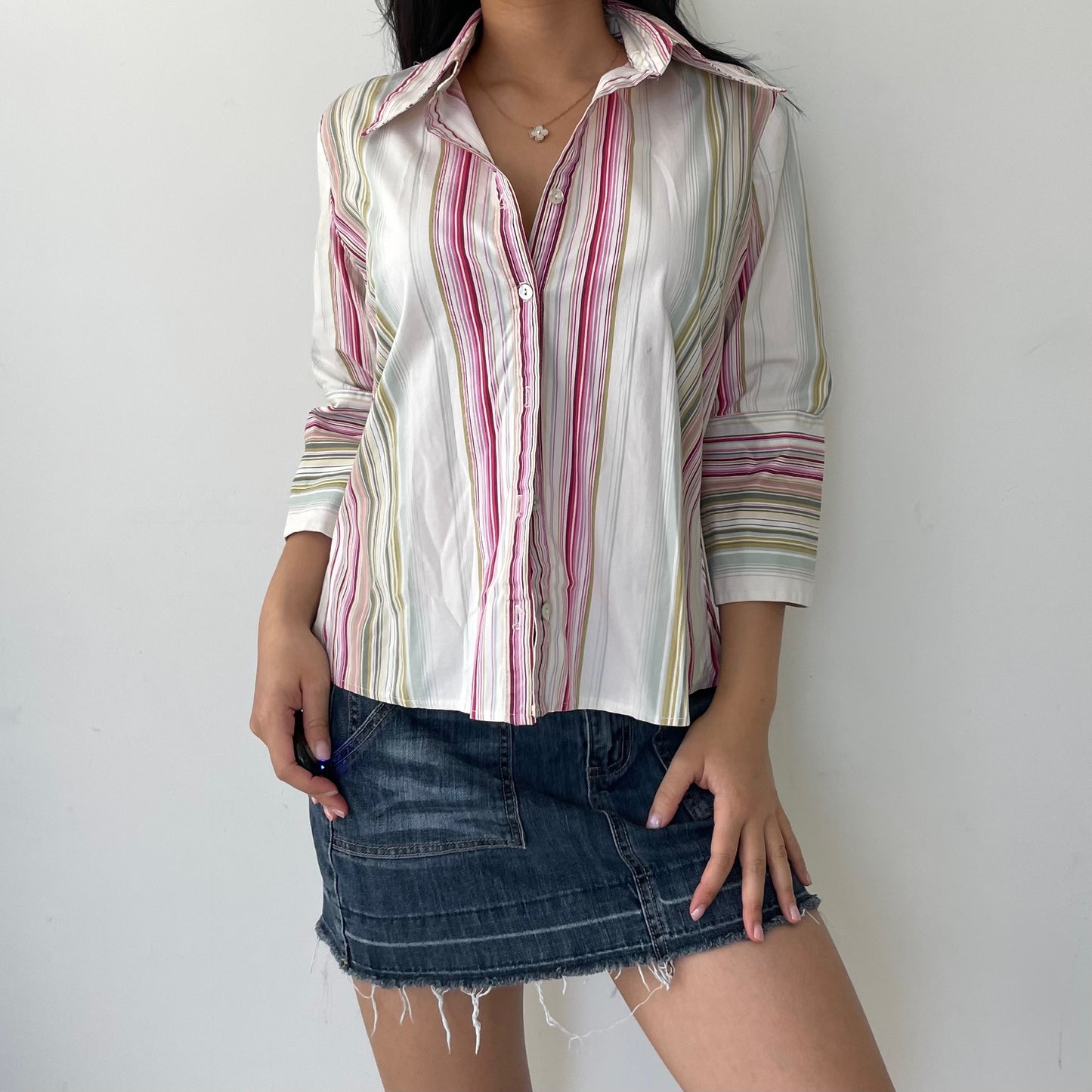 San Francisco Pink, White, and Green Striped Button Up 3/4 Sleeve Shirt - Medium