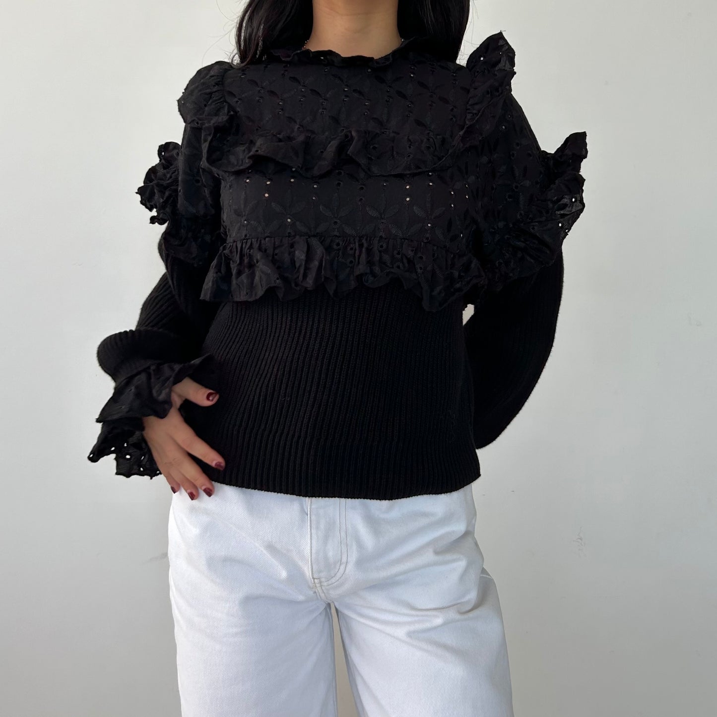 Zara Black Long Sleeve Broderie Anglaise Ruffle Blouse - Small