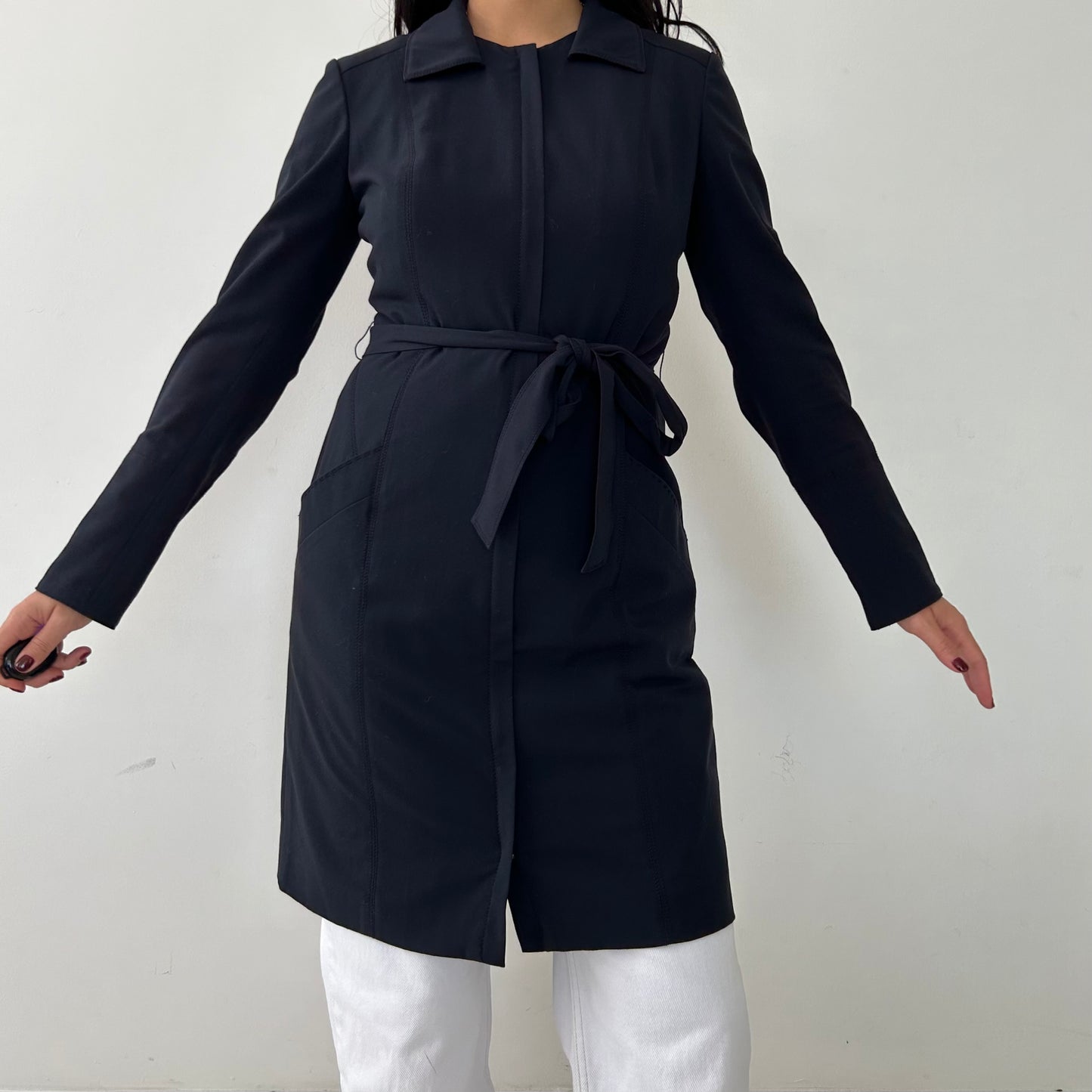 Elie Tahari Navy Belted Lightweight Full-Zip Coat - X-Small