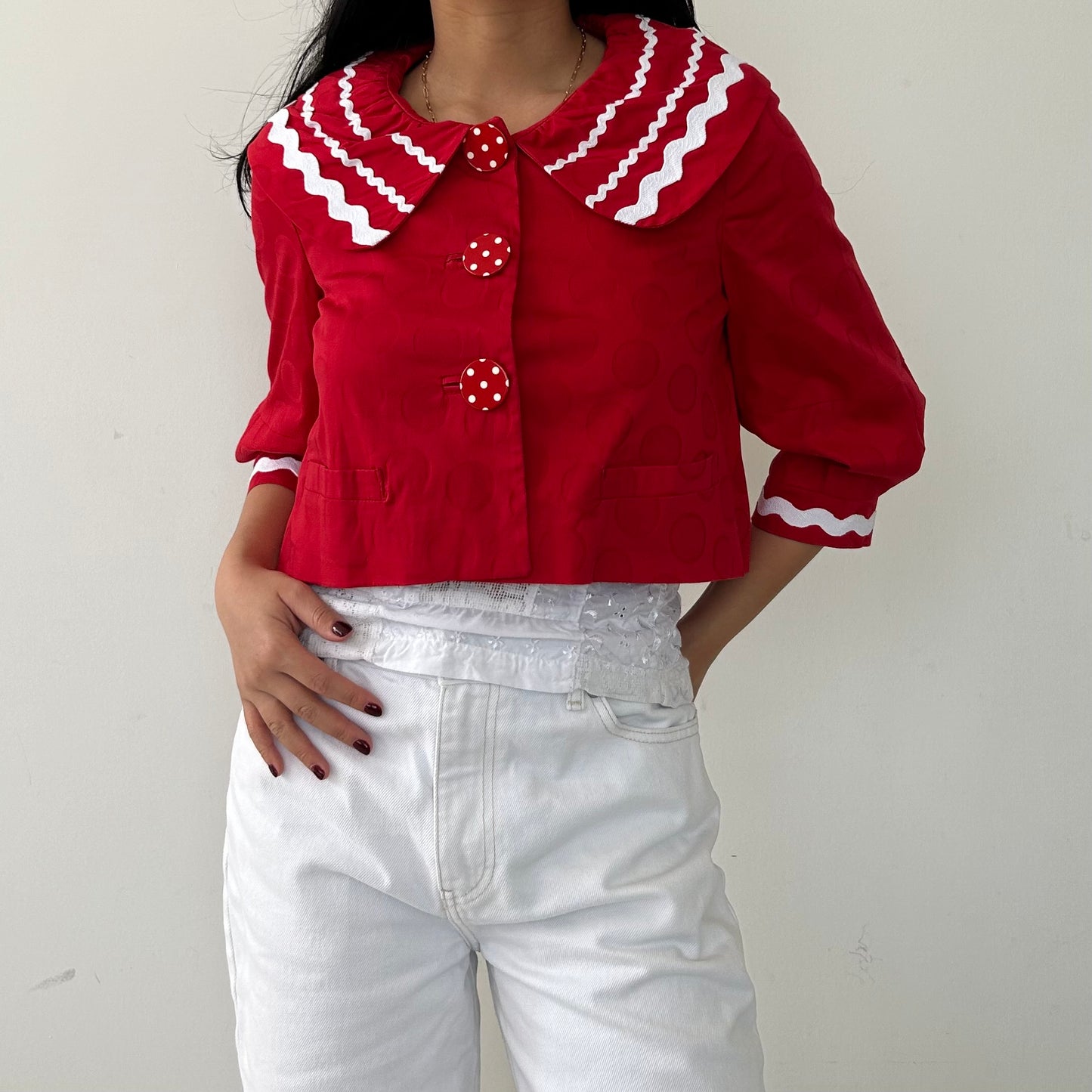 Moschino Jeans Peter Pan Collar Red Cropped Jacket - Small