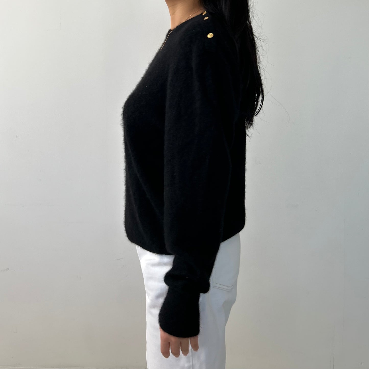 Vintage 1990s Neiman Marcus Black Cashmere Crewneck Knit Jumper with Gold Buttons - Large