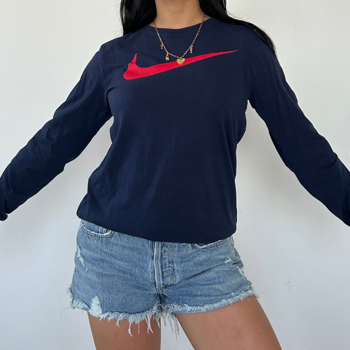 Nike Navy Long Sleeve Swoosh Tee - Small