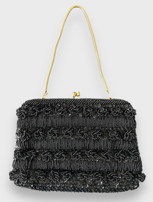 1960s Black Beaded Kiss Lock Evening Bag