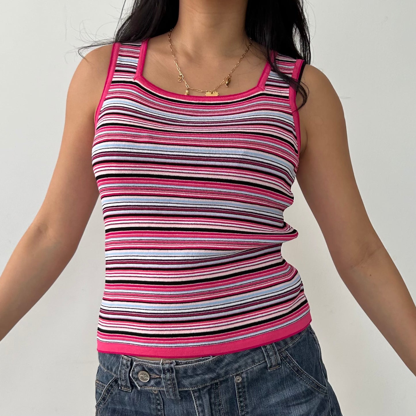 Pink Striped Square Neck Tank - Small