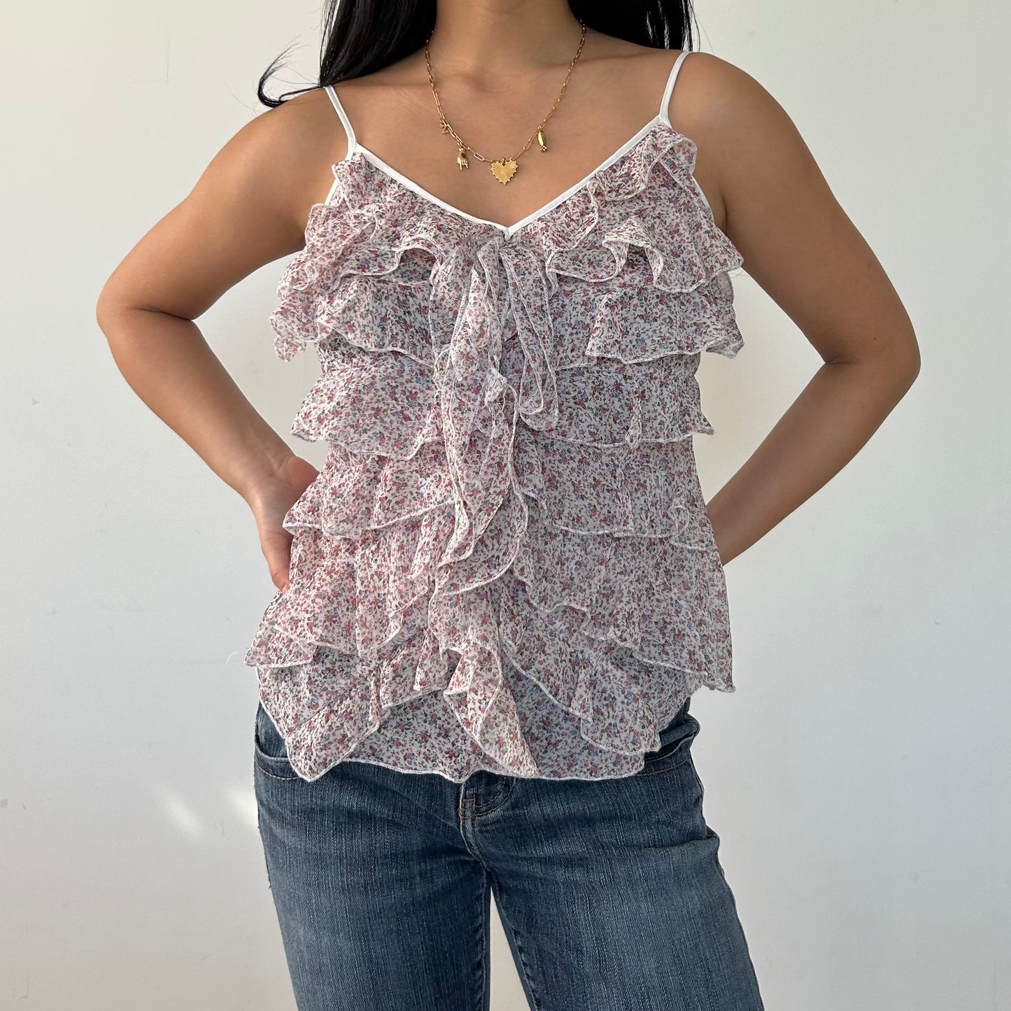 Costa Blanca Pink and White Floral Ruffle Cami - X-Small