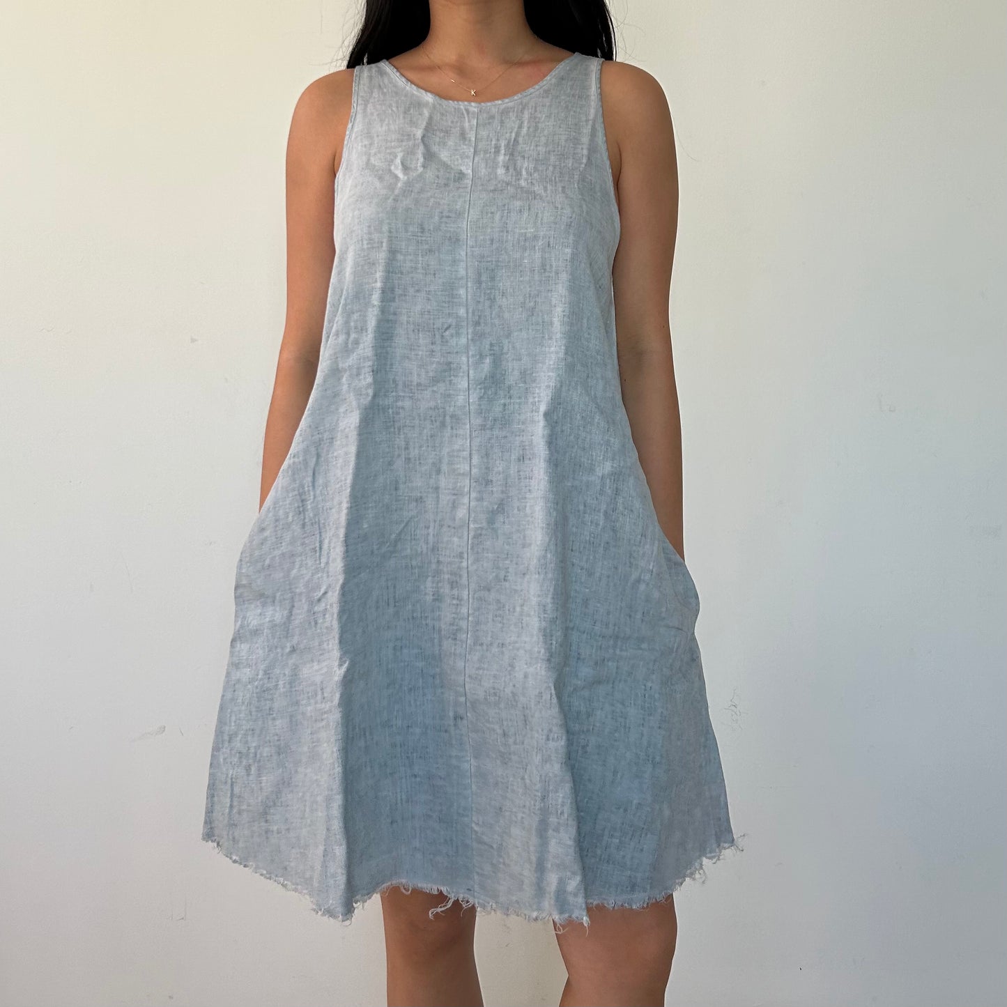 Zara Pale Blue Linen Sleeveless Shift Dress - X-Small