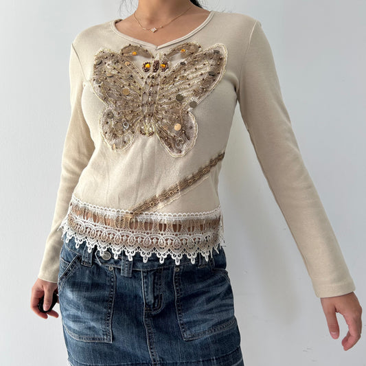 Beige Embellished Butterfly Long Sleeve Knit Top - Medium