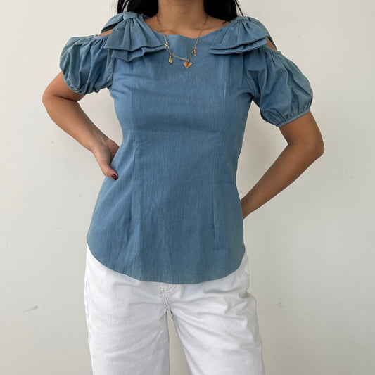 Pinga Blue Cold Shoulder Short Sleeve Blouse - Small