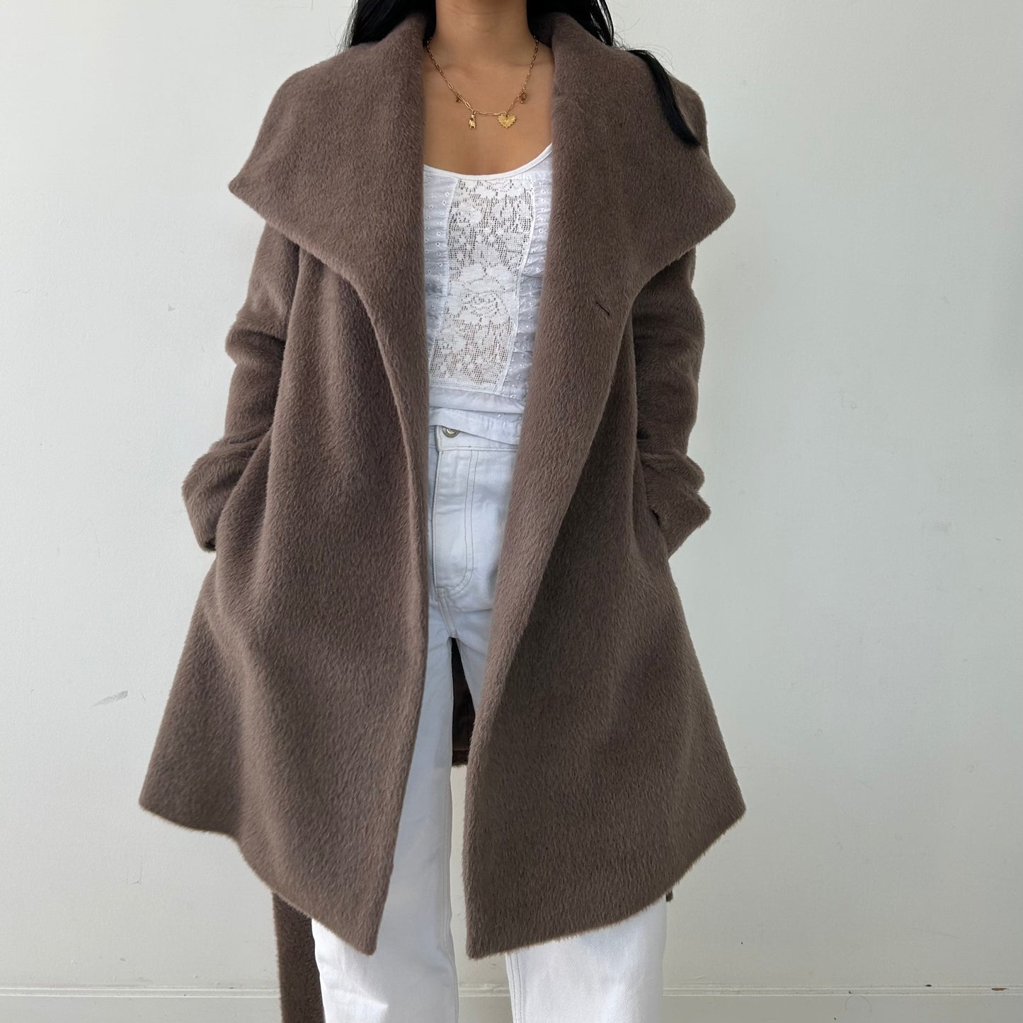 Dawn Levy Taupe Double Face Wool and Alpaca Wrap Coat - Medium