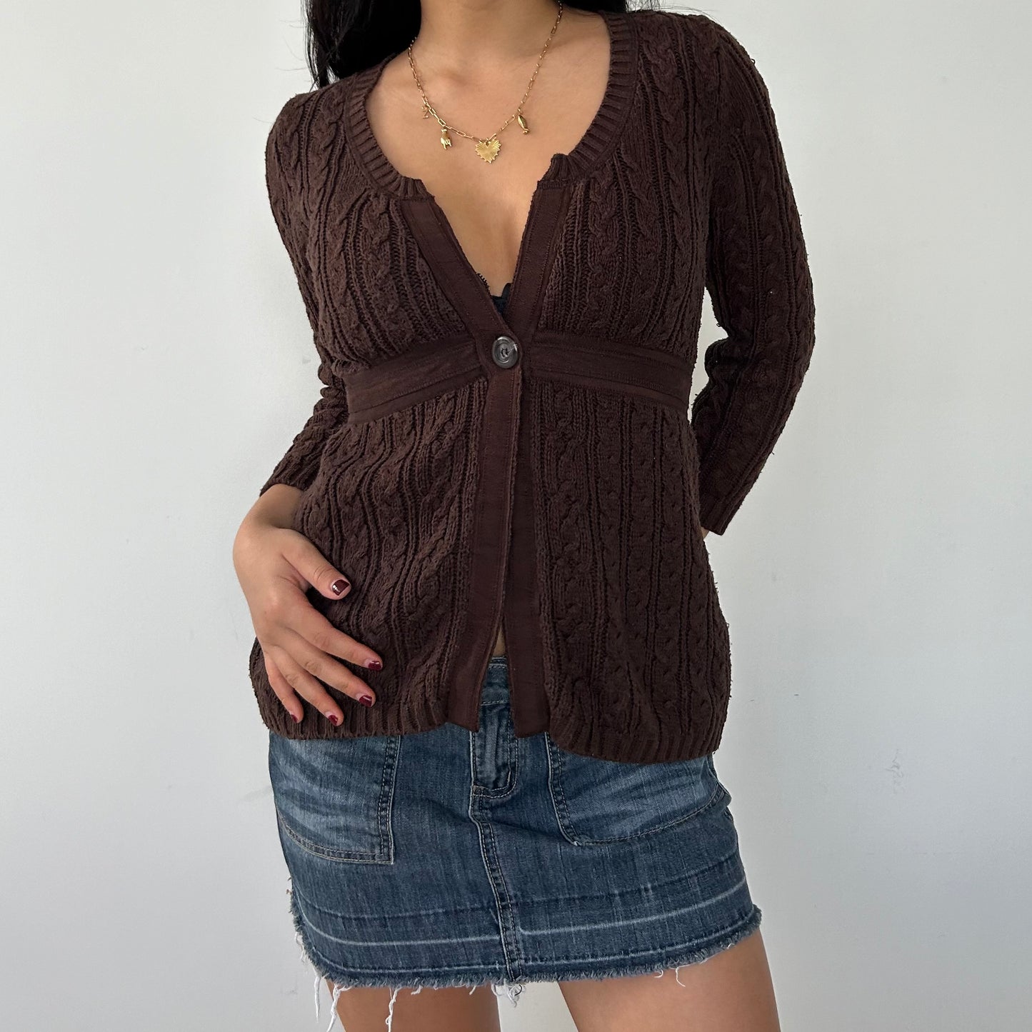 Brown Cable Knit V-Neck Tie Waist Babydoll Cardigan - Small