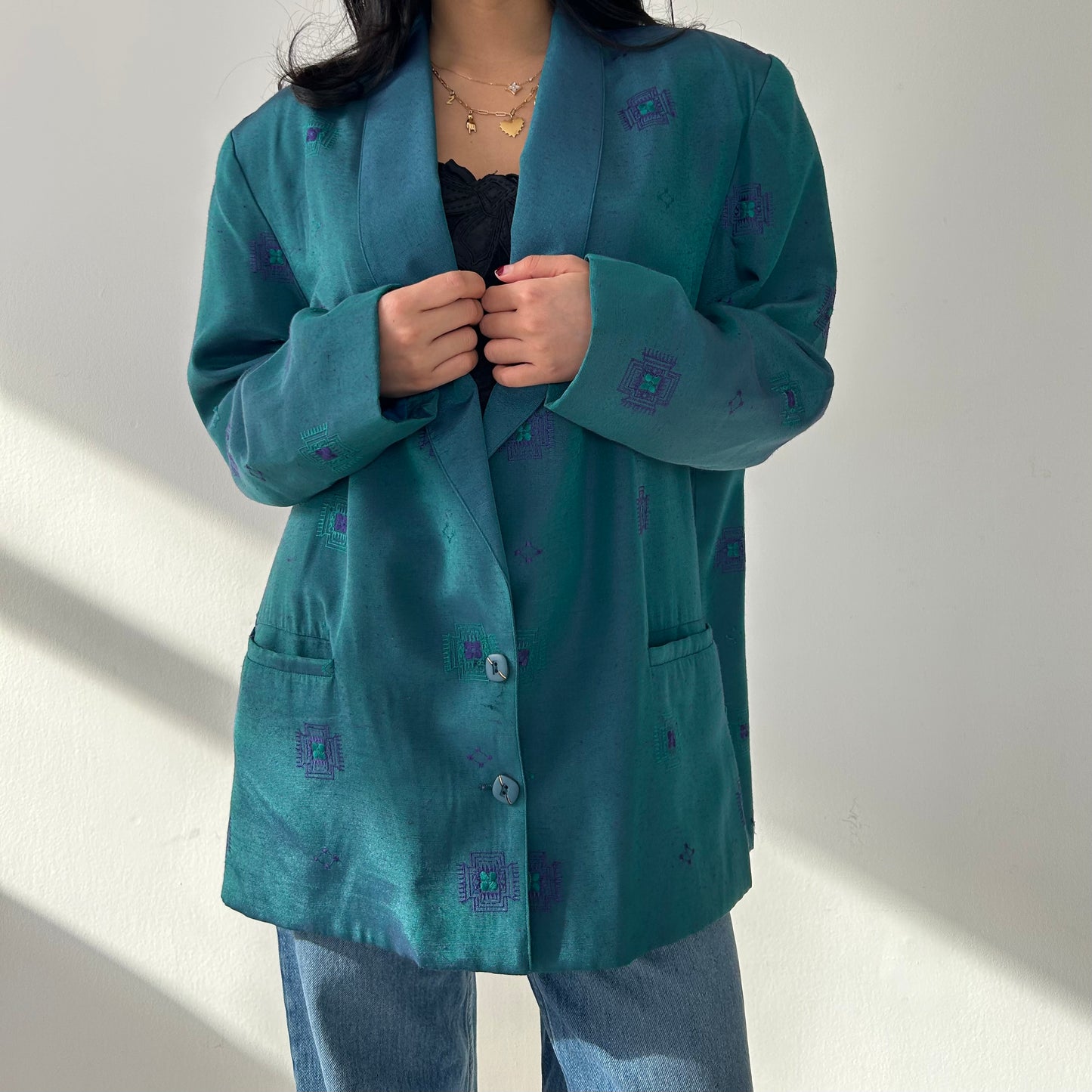 Vintage 1970s Made in Canada Teal Blazer with Shoulder Pads - X-Large