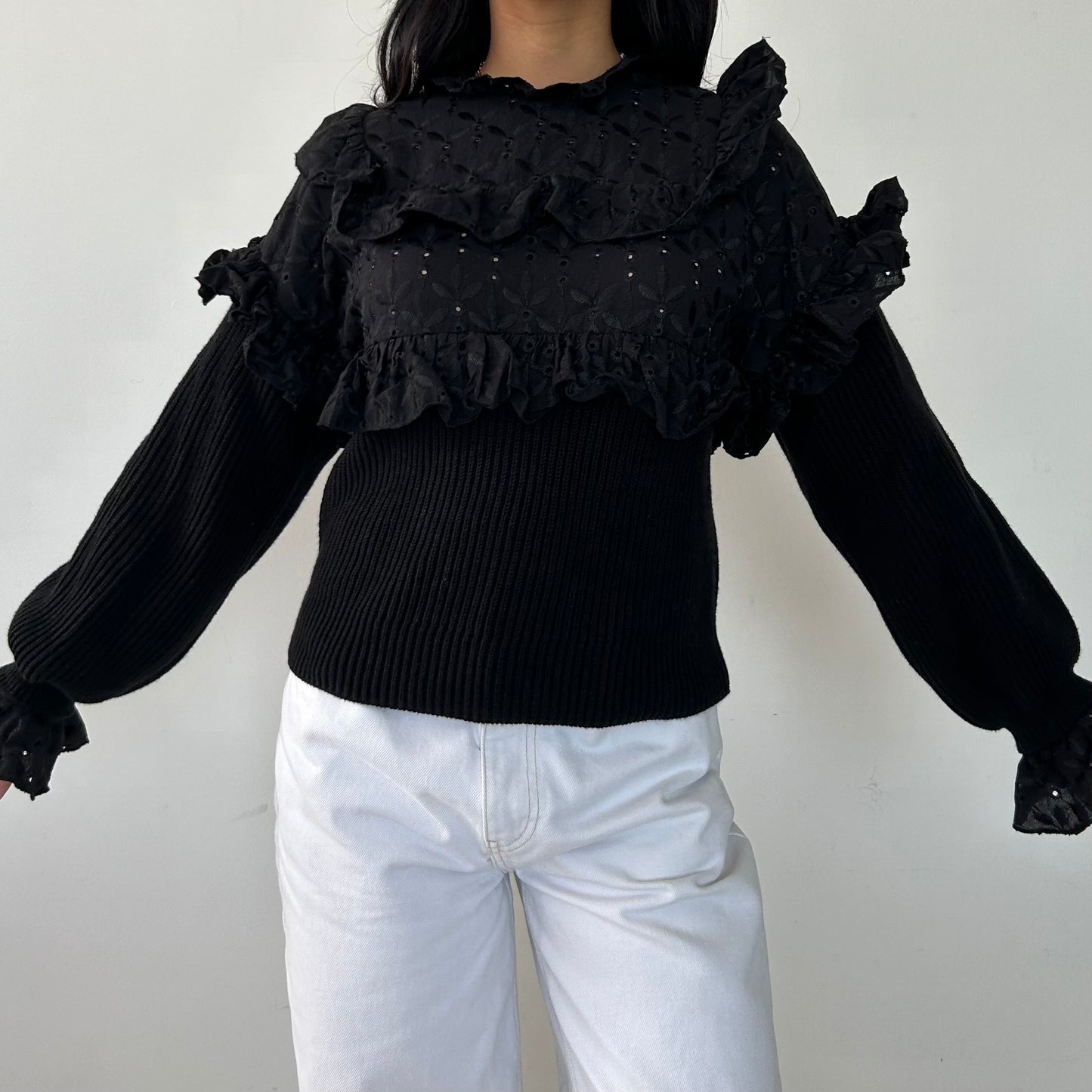 Zara Black Long Sleeve Broderie Anglaise Ruffle Blouse - Small