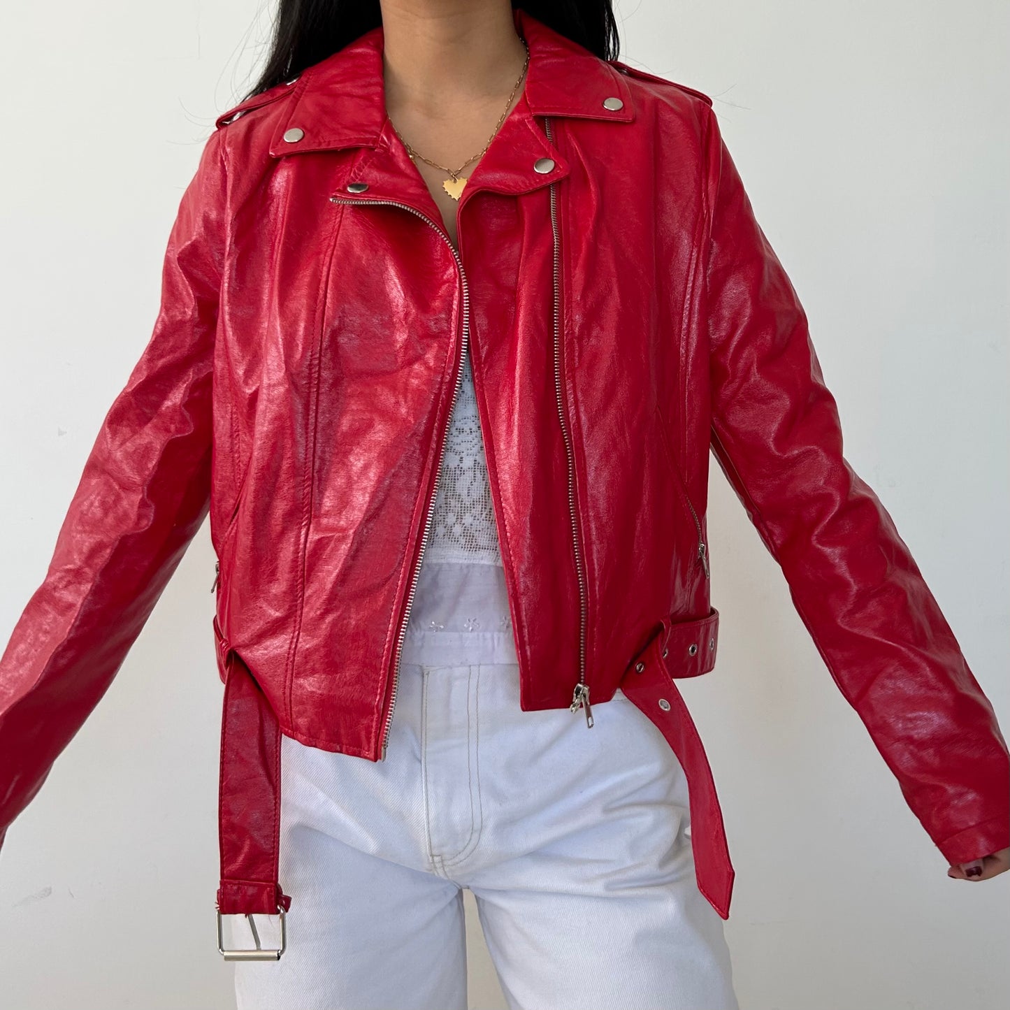 Red Faux Patent Leather Jacket - Medium