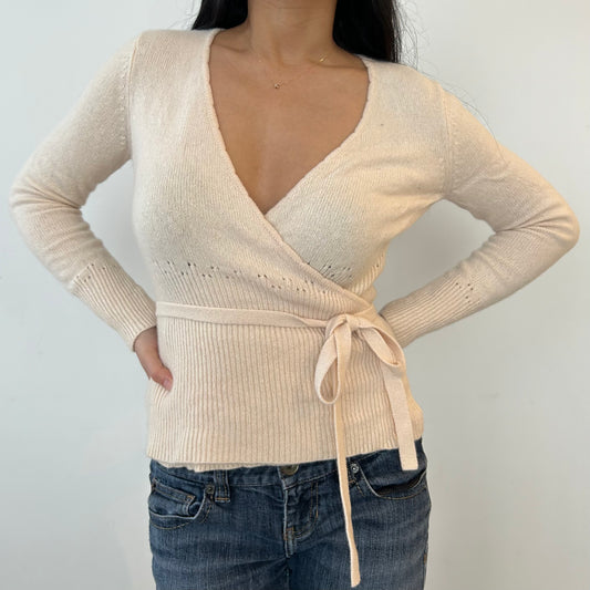 Cream Wool, Angora, and Cashmere Blend Wrap Cardigan - Small