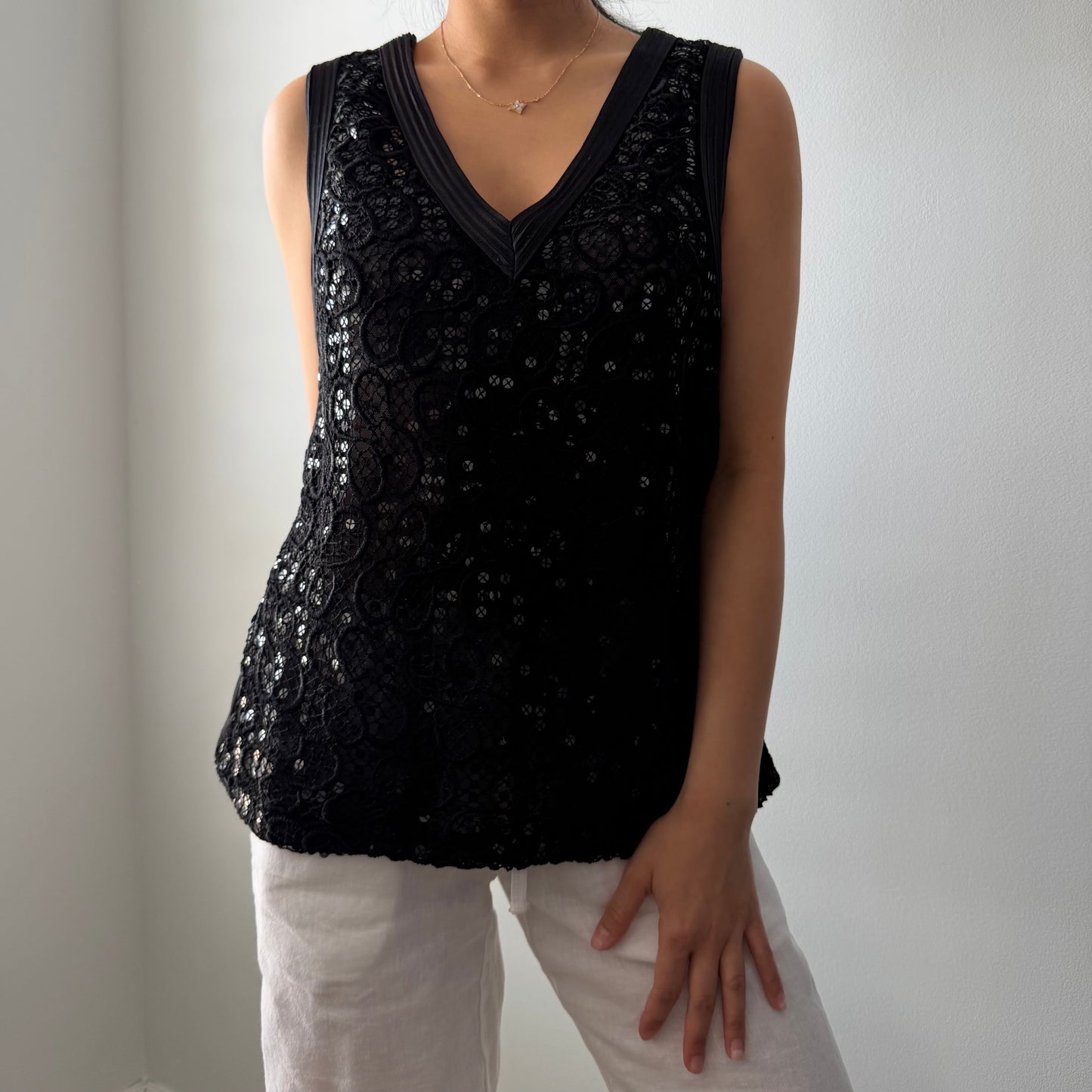 Ness Black Sequin Lace Tank - X-Large