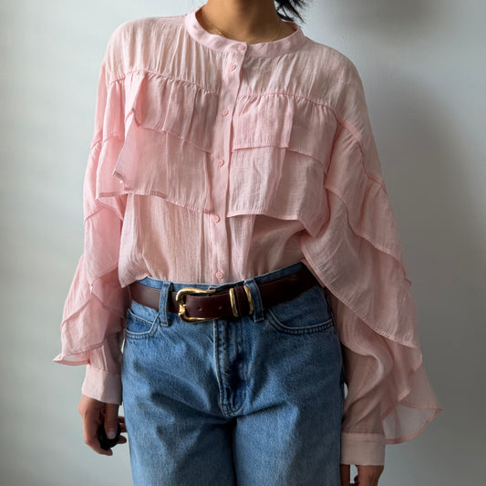 Zara Blush Pink Cropped Long Sleeve Ruffle Blouse - Small