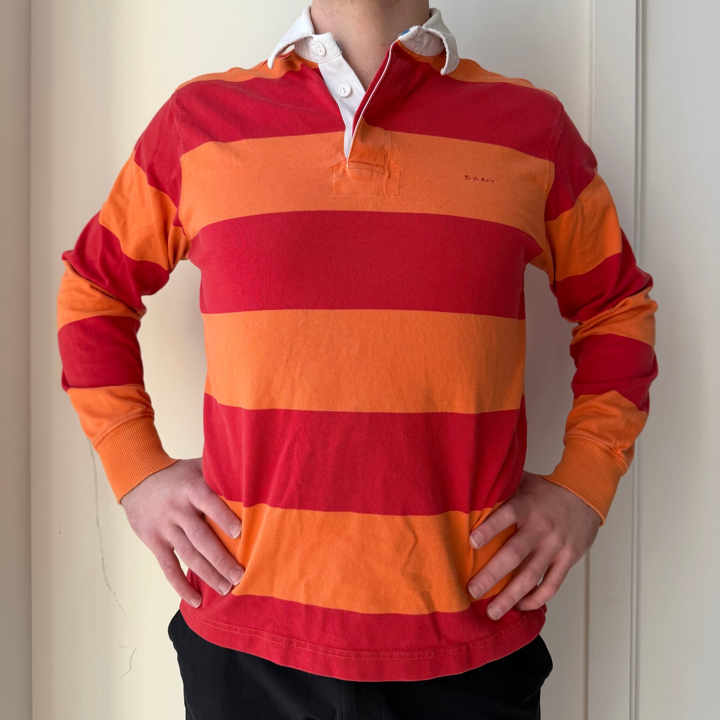 1990s Gant Orange Striped Long Sleeve Rugby Shirt - Large