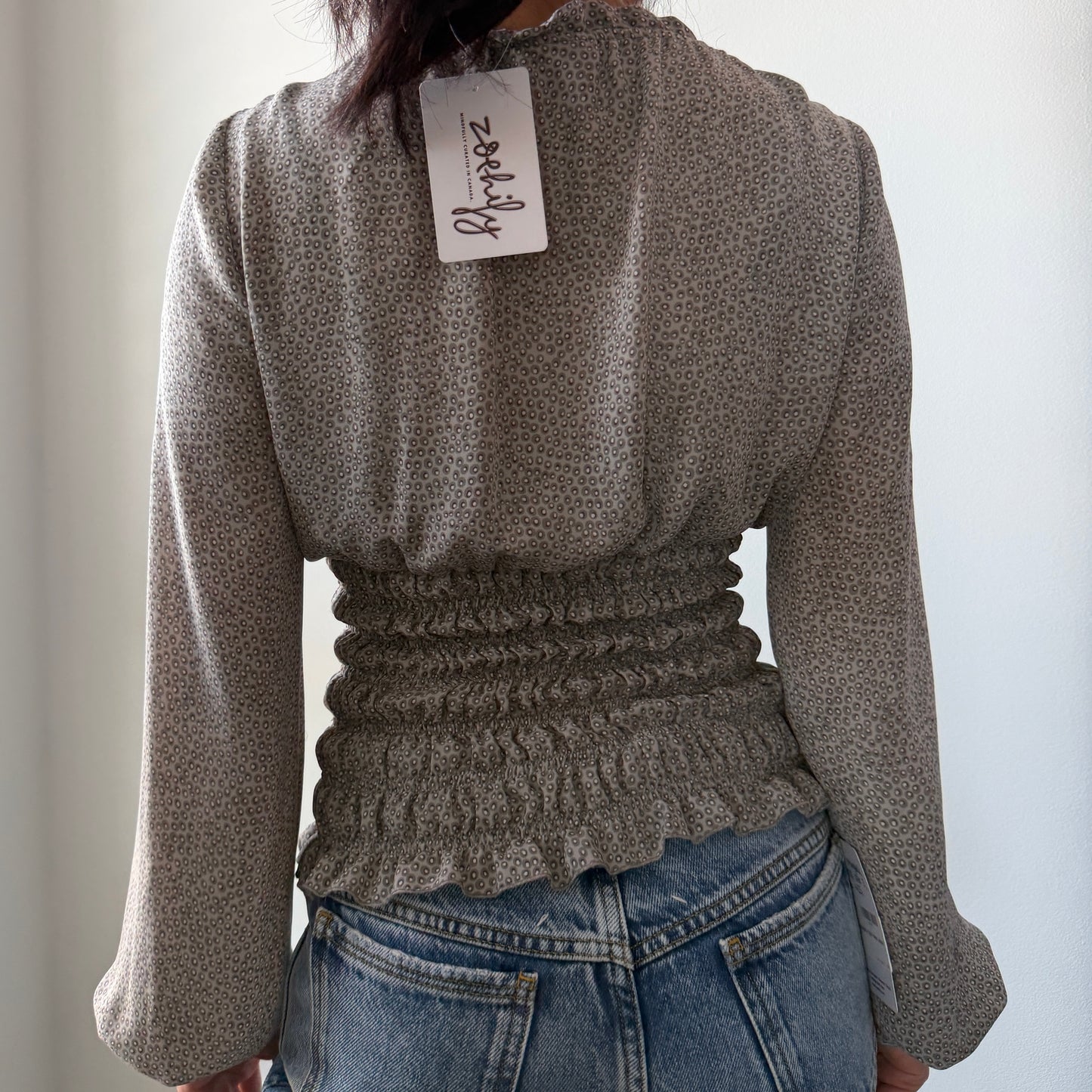 Trucco Grey Patterned Long Sleeve Smocked Blouse - X-Small