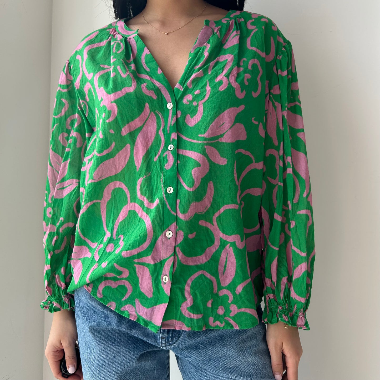 Velvet by Graham and Spencer Green Cotton Printed Blouse - Medium
