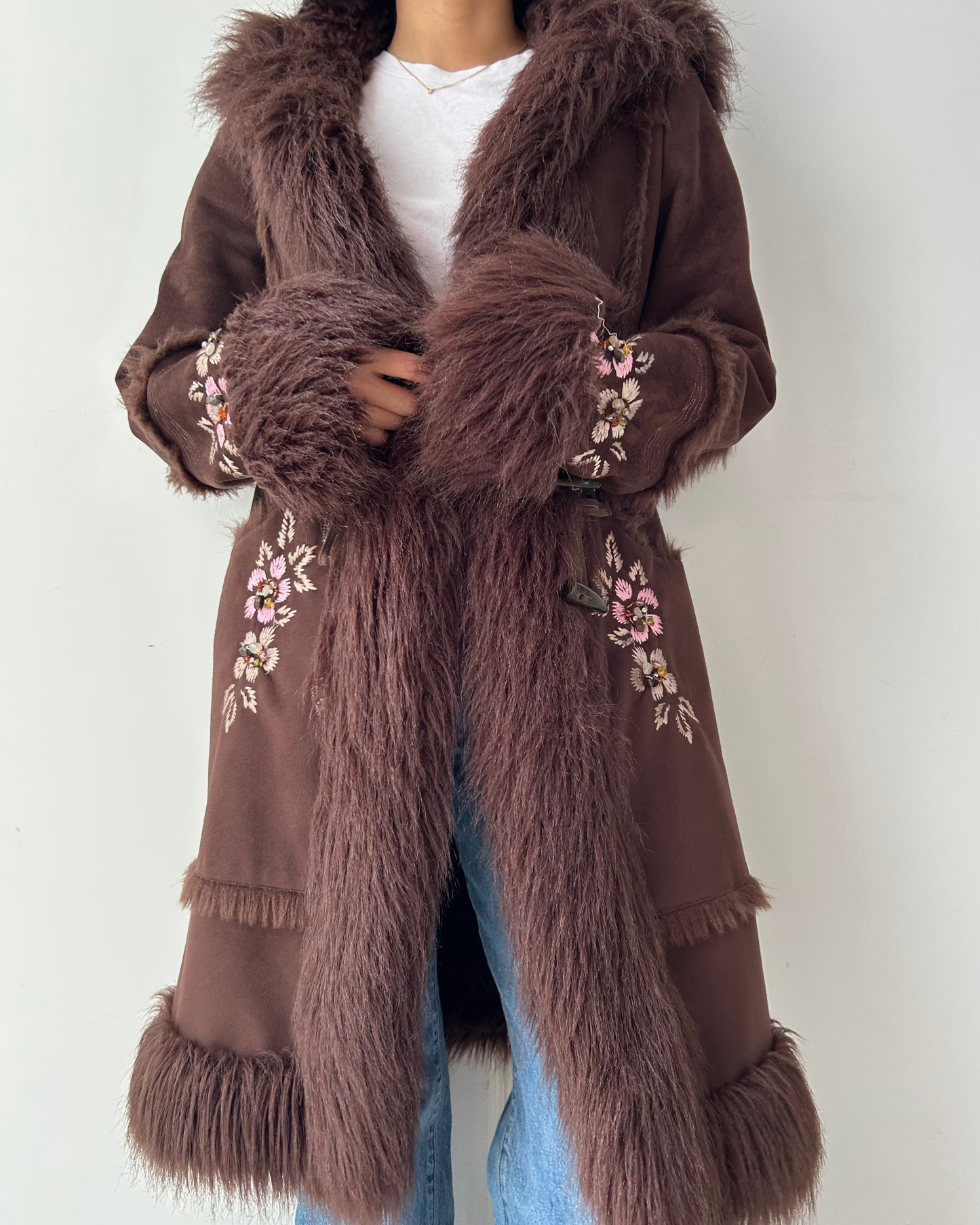 Aldo Brown Faux Shearling Embroidered Penny Lane Coat - Small