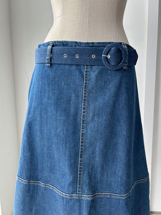 Please A-Line Belted Denim Midi Skirt - Small