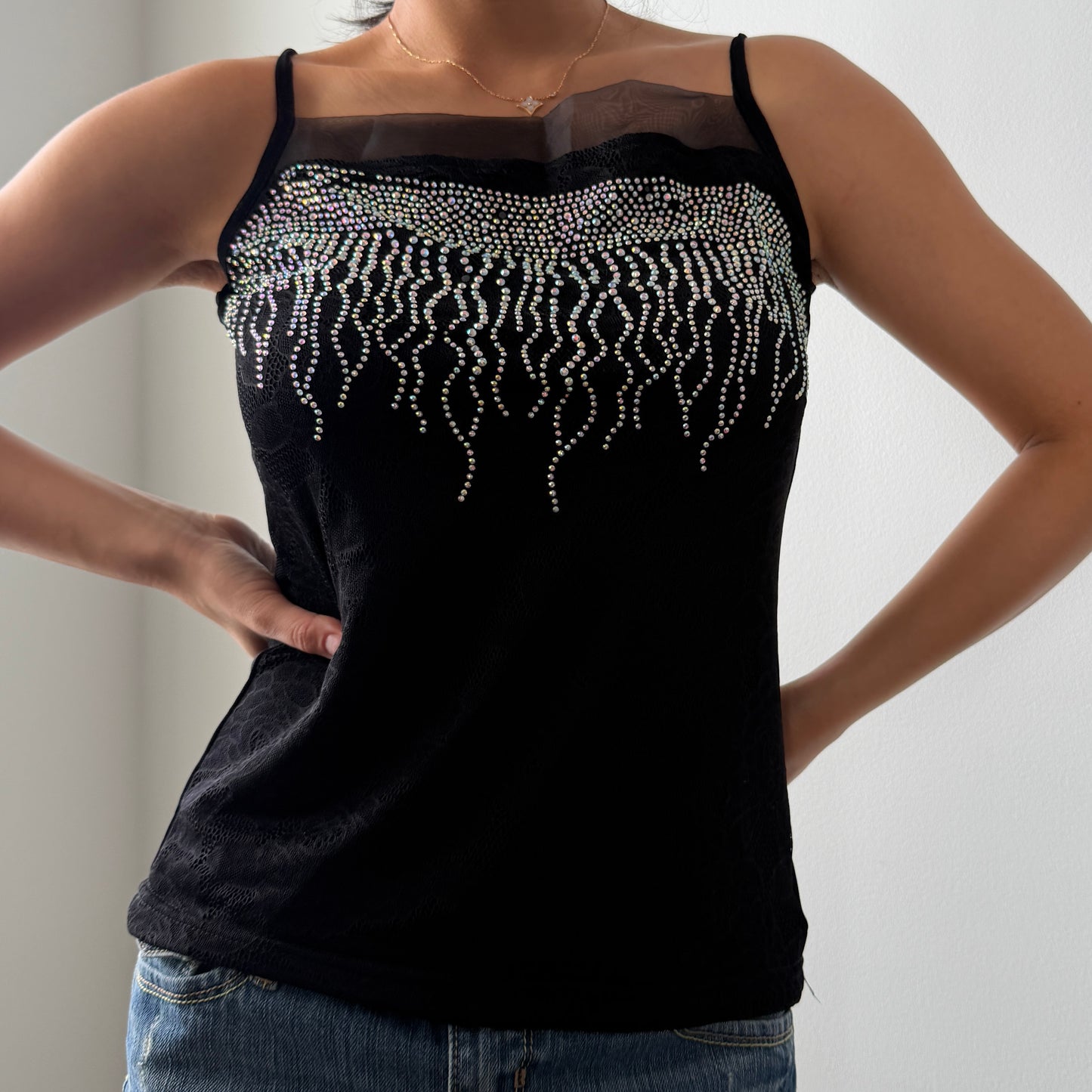 Black Mesh Embellished Tank Top - Small