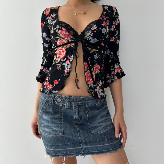 Made in USA Bebe Black Floral Tie Front Top - X-Small