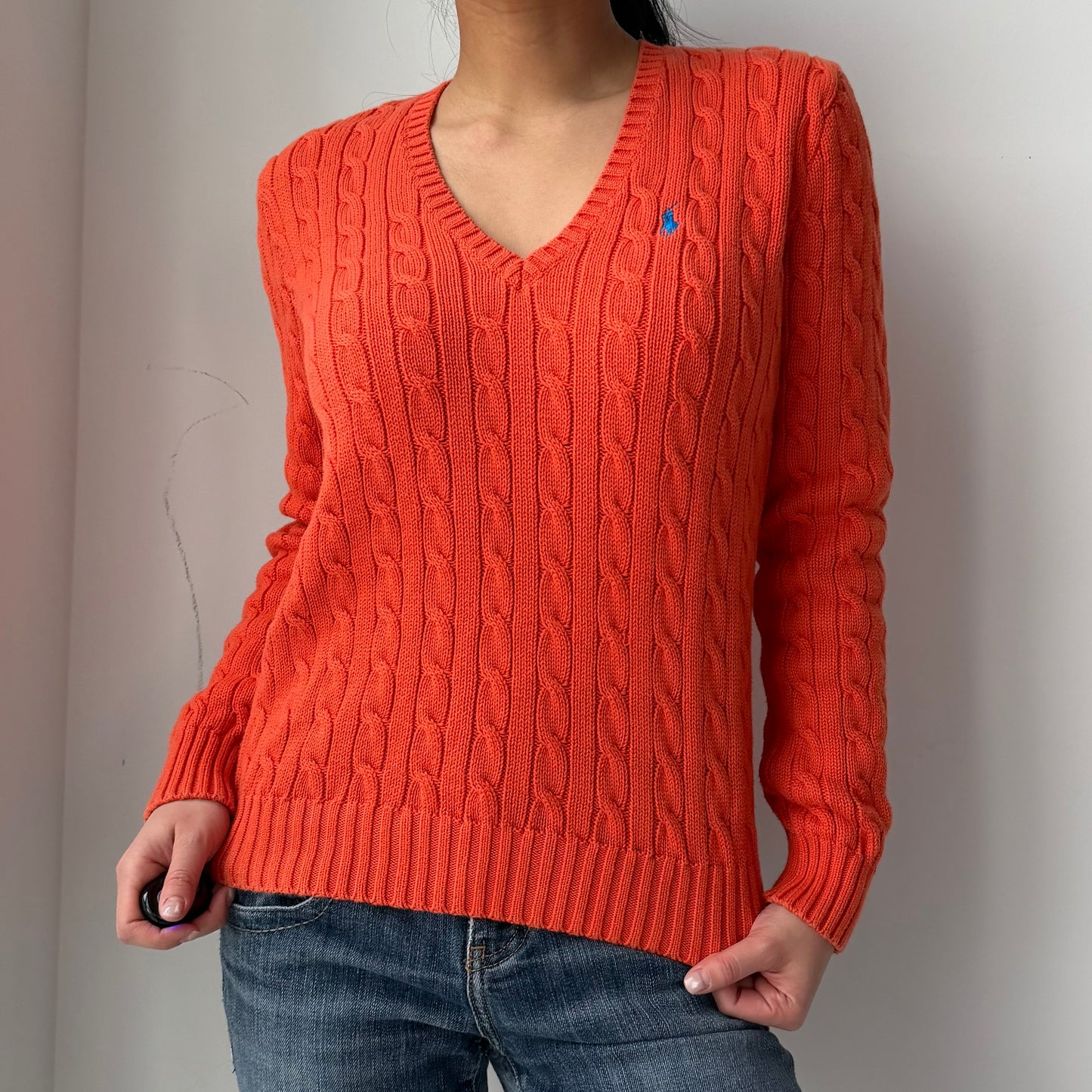 1990s Ralph Lauren Sport Orange V-Neck Cable Knit Jumper - Large