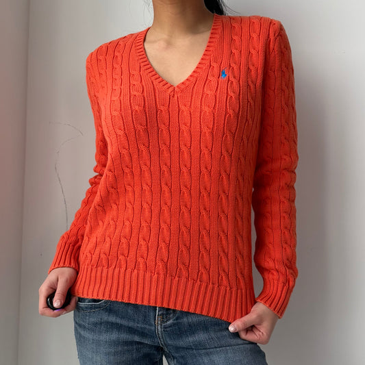 1990s Ralph Lauren Sport Orange V-Neck Cable Knit Jumper - Large