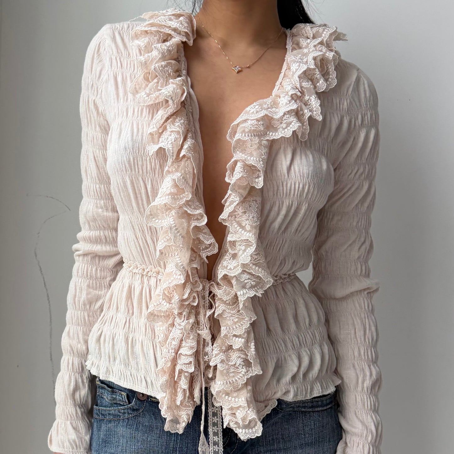 Cream Crinkled Chiffon Ruffle Top - X-Small