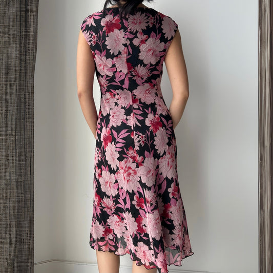 Vintage 90s Made in Canada Pink Floral Midi Dress - Small