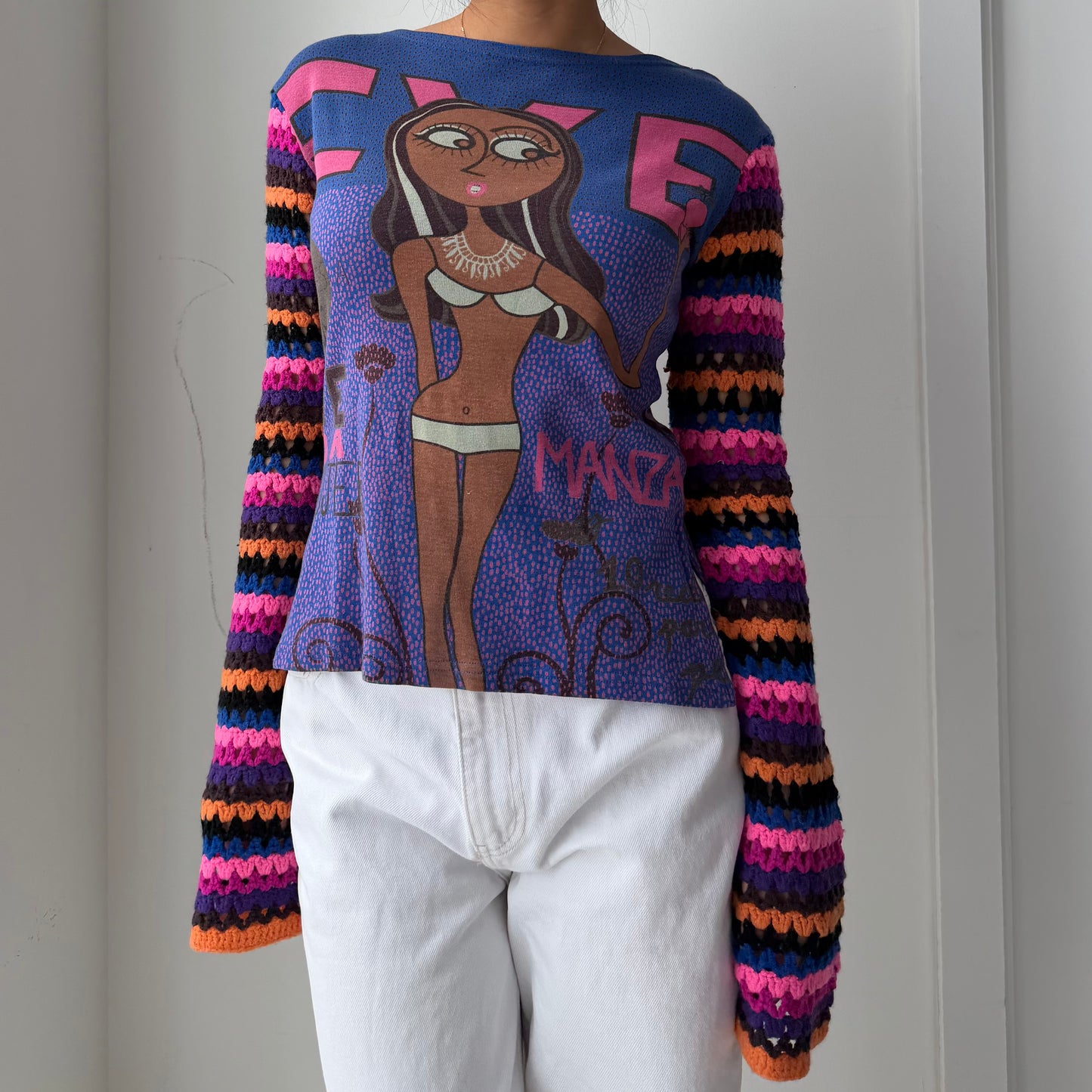 Custo Barcelona Blue Graphic Knit Long Sleeve Tee - Large