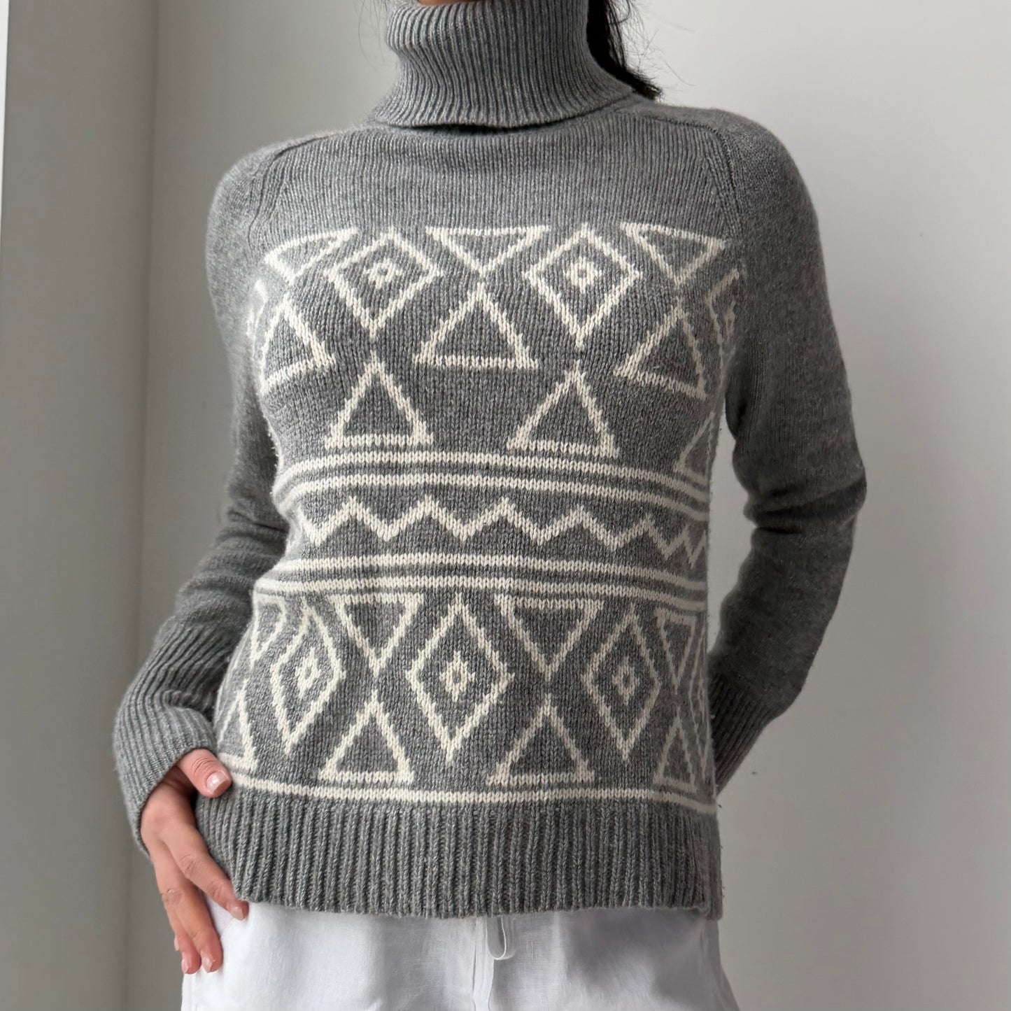 J. Crew Grey Wool and Cashmere Geometric Turtleneck Jumper - Small