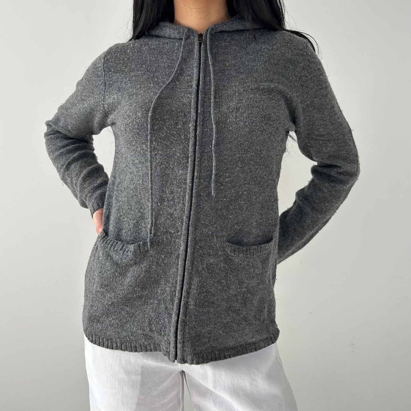 Grey 100% Wool Full Zip Hoodie - Medium