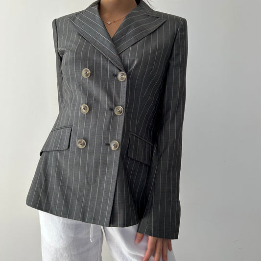 Max Mara Grey Wool and Silk Blend Pinstripe Double Breasted Blazer - Small