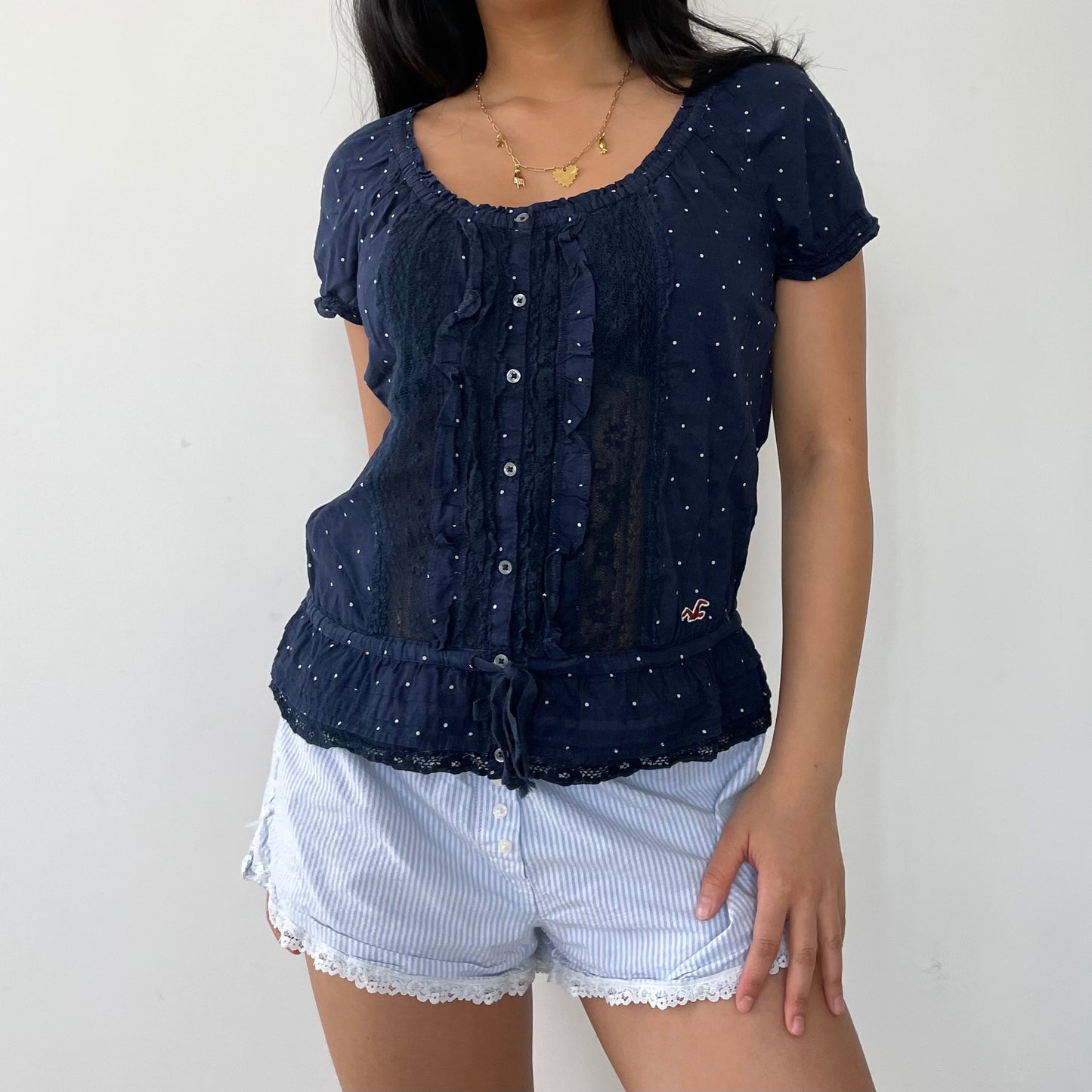 Hollister Navy Polka Dot Short Sleeve Blouse - Medium