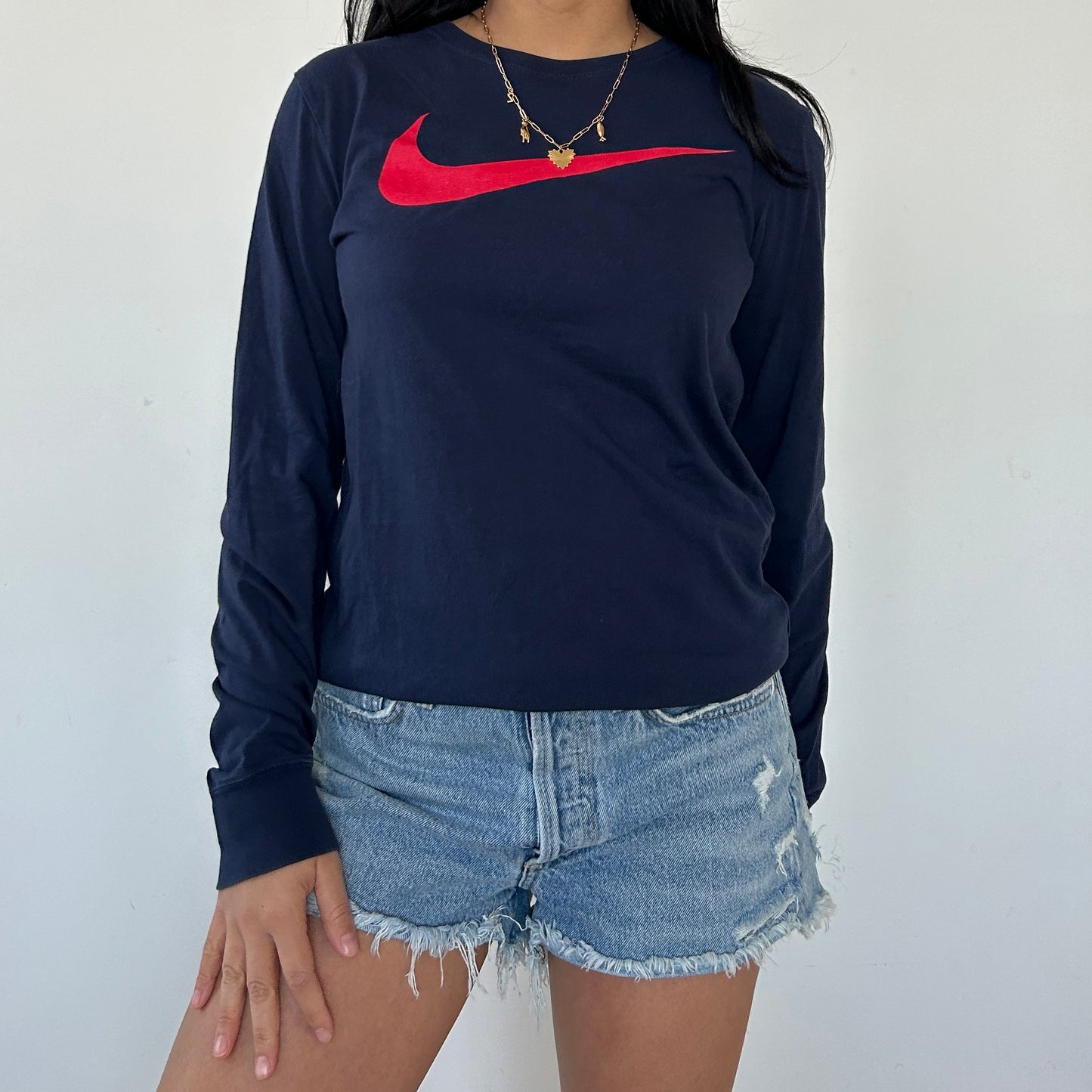 Nike Navy Long Sleeve Swoosh Tee - Small