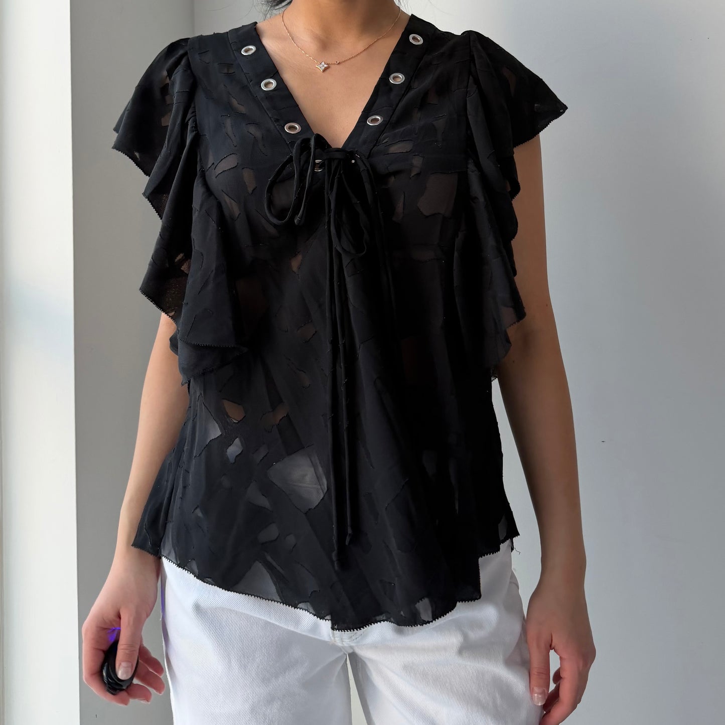 Iro Black Gilka Short Sleeve Grommet Blouse - Medium