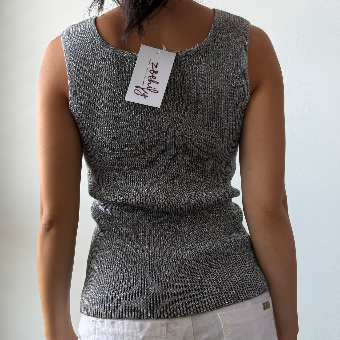 Once Again Silver Metallic Ribbed Knit Tank - Medium