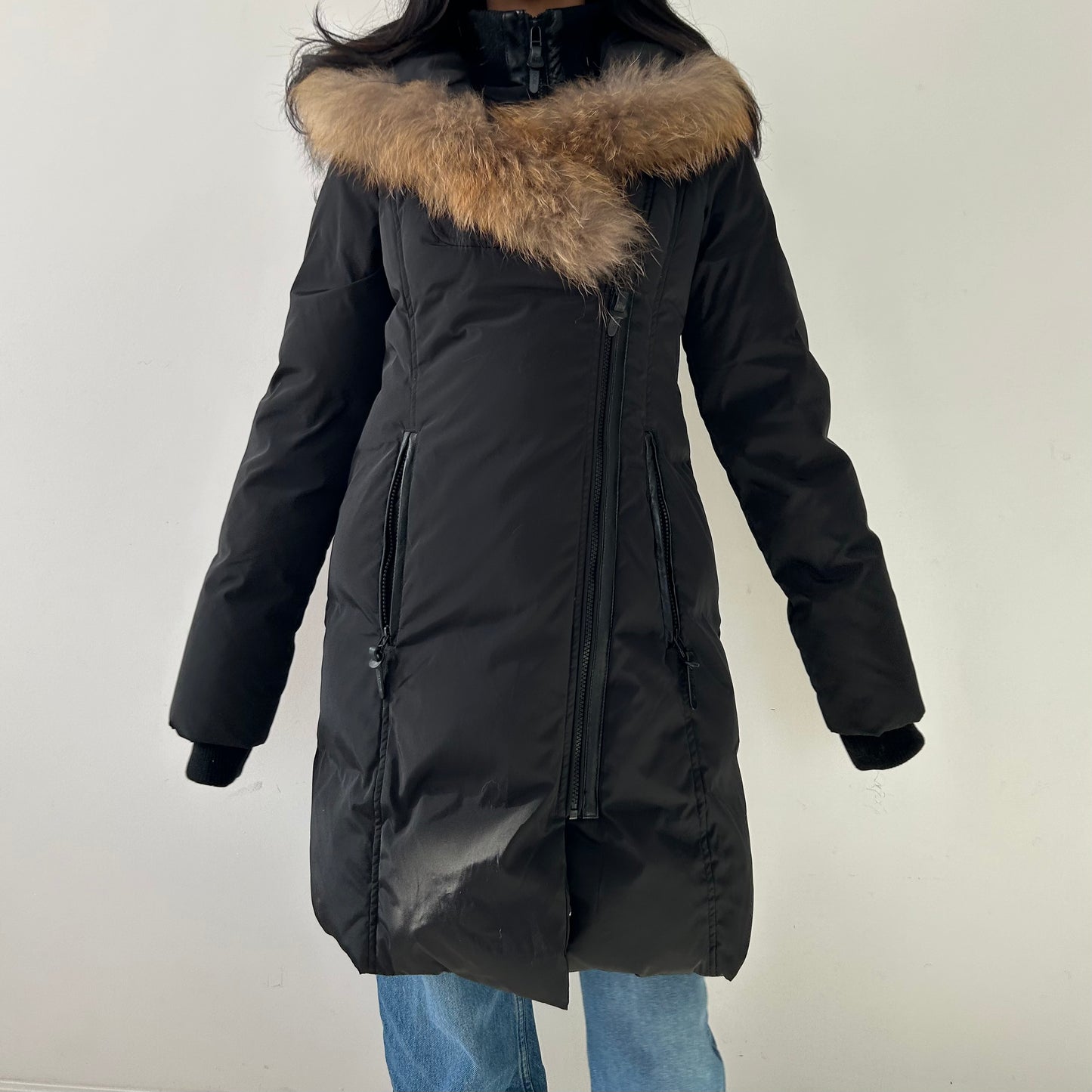 BNWT Atelier Noir by Rudsak Black Down Parka with Genuine Racoon Fur Trim - Medium