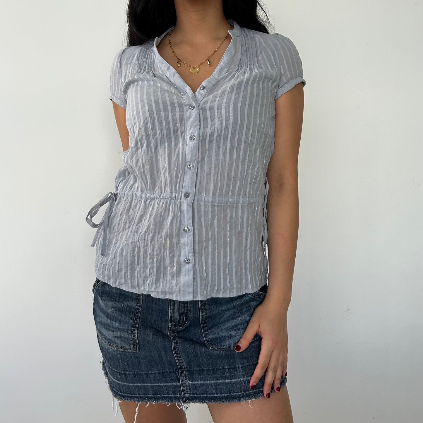 2010s H&M Mauve Grey Short Sleeve Button Up Blouse - X-Small