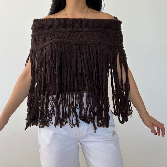 BNWT Imperial Brown Mohair-Wool Blend Fringe Off-Shoulder Top - Small