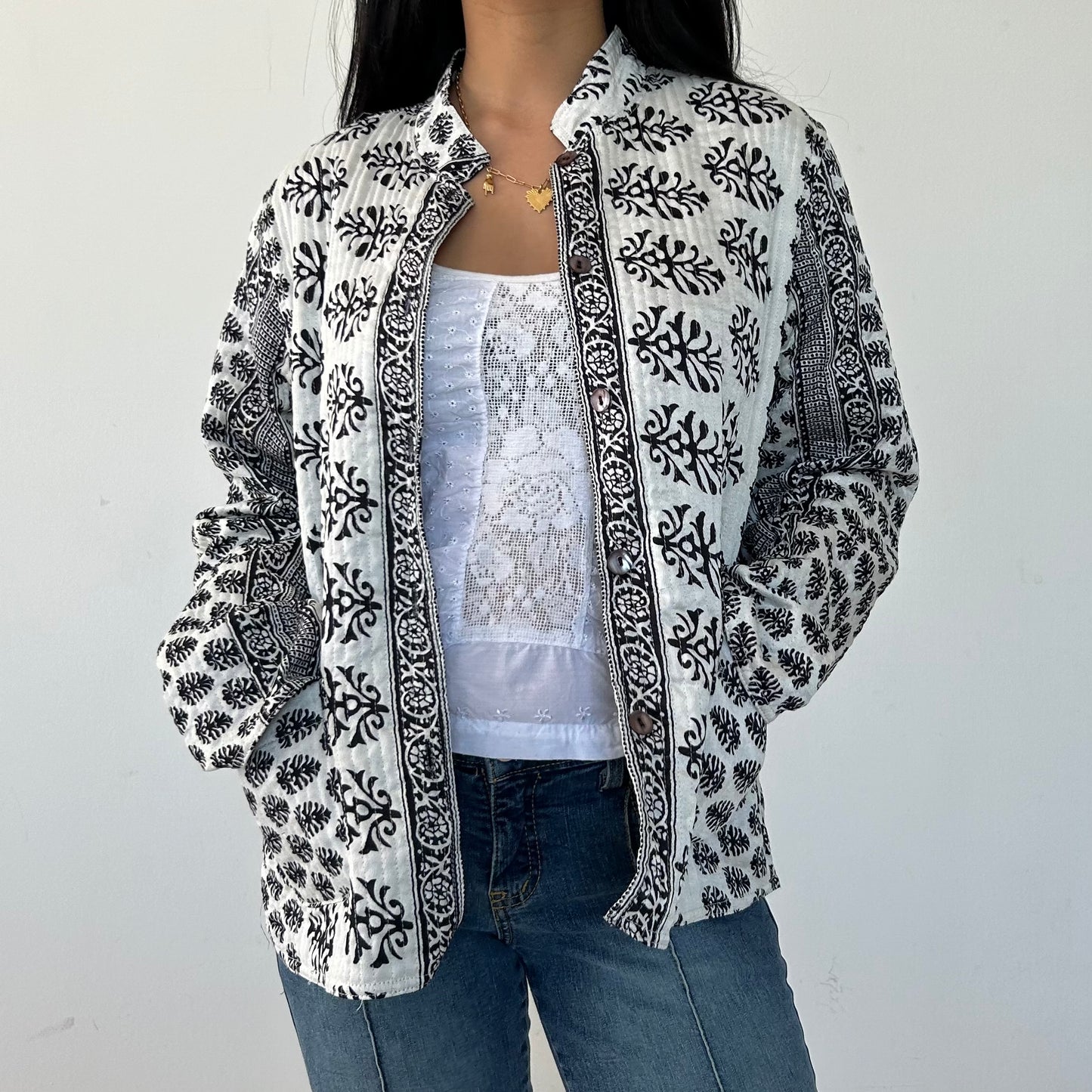 Black and White Reversible Quilted Jacket - Large