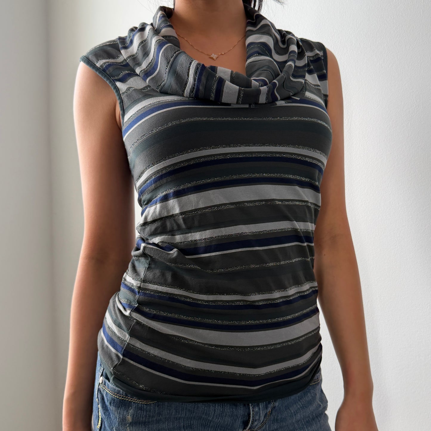 Sisley Grey Striped Cowl Neck Cap Sleeve Top - Small