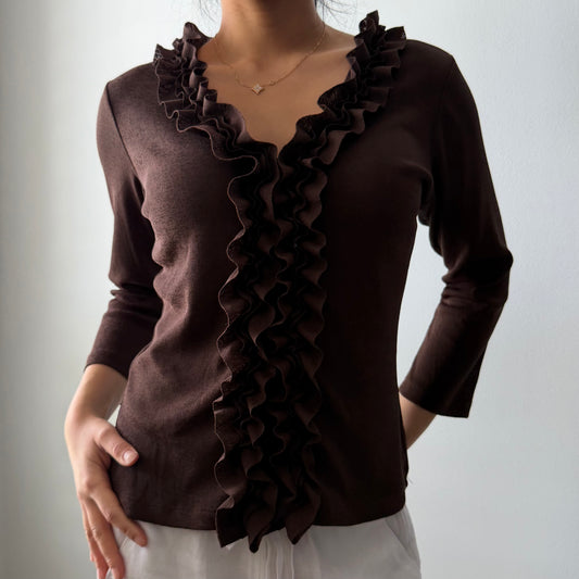 Laura Petites Brown V-Neck Ruffle Long Sleeve Blouse - Small