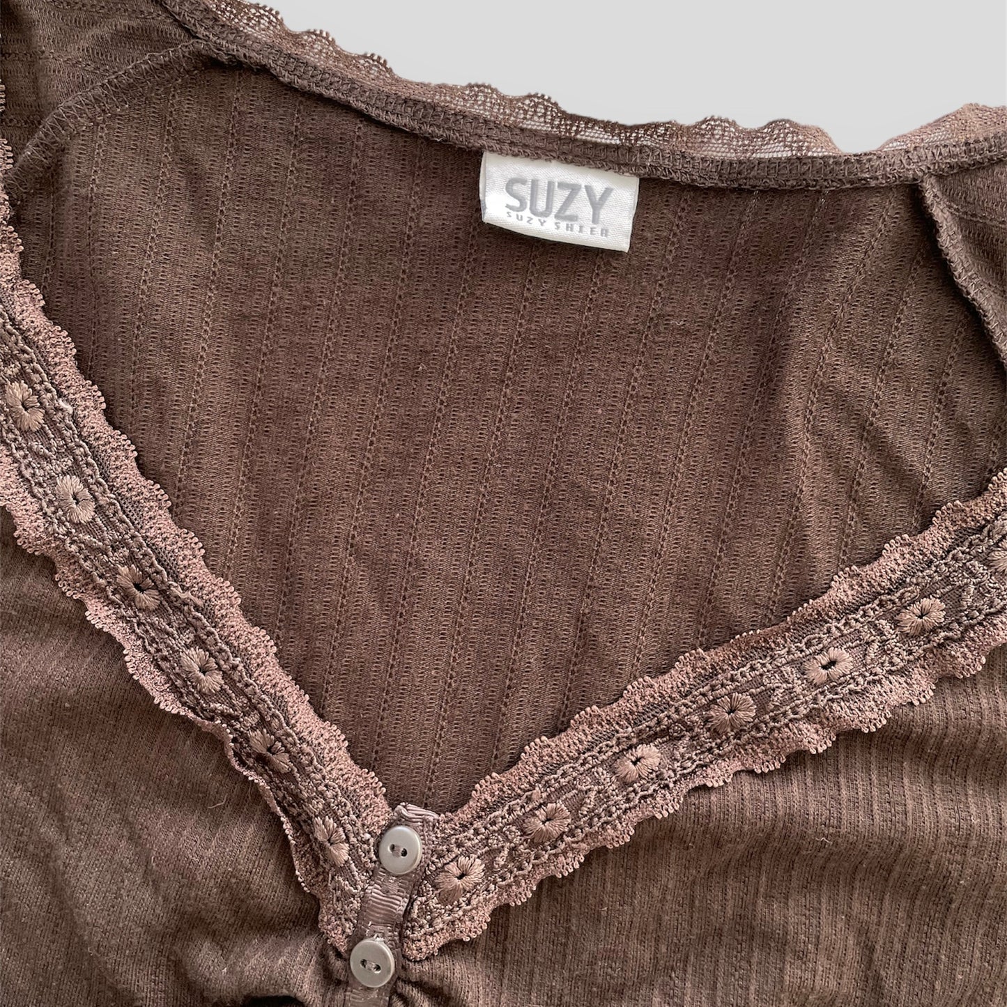 Suzy Shier Brown Pointelle V-Neck Milkmaid Top - Large