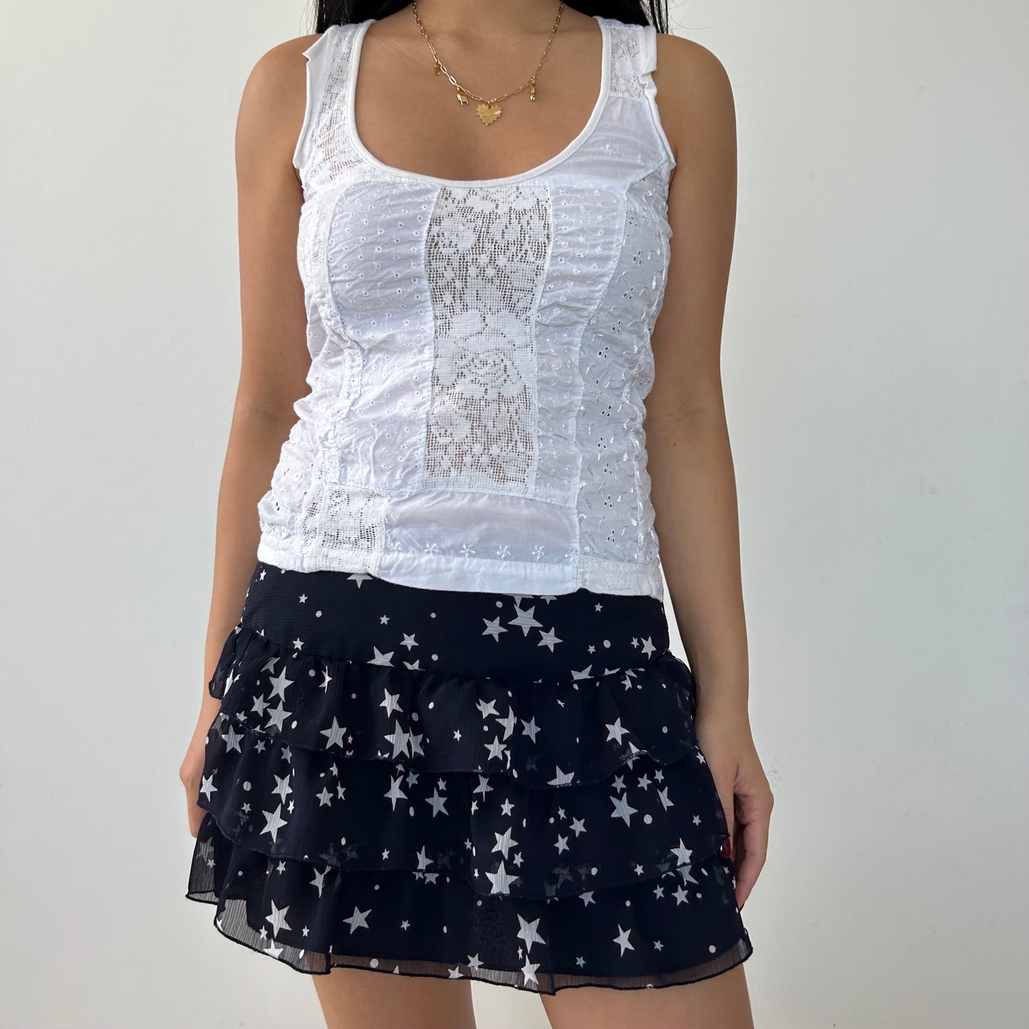 Navy and White Star Print Ruffle Layer Mini Skirt - Medium