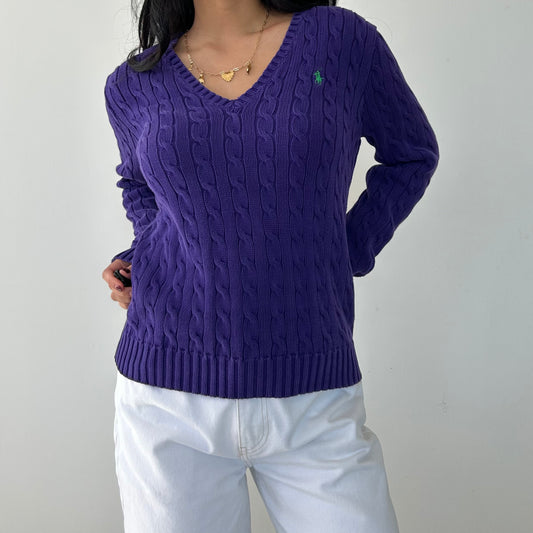 Ralph Lauren Sport Purple V-Neck Cable Knit Jumper - X-Large