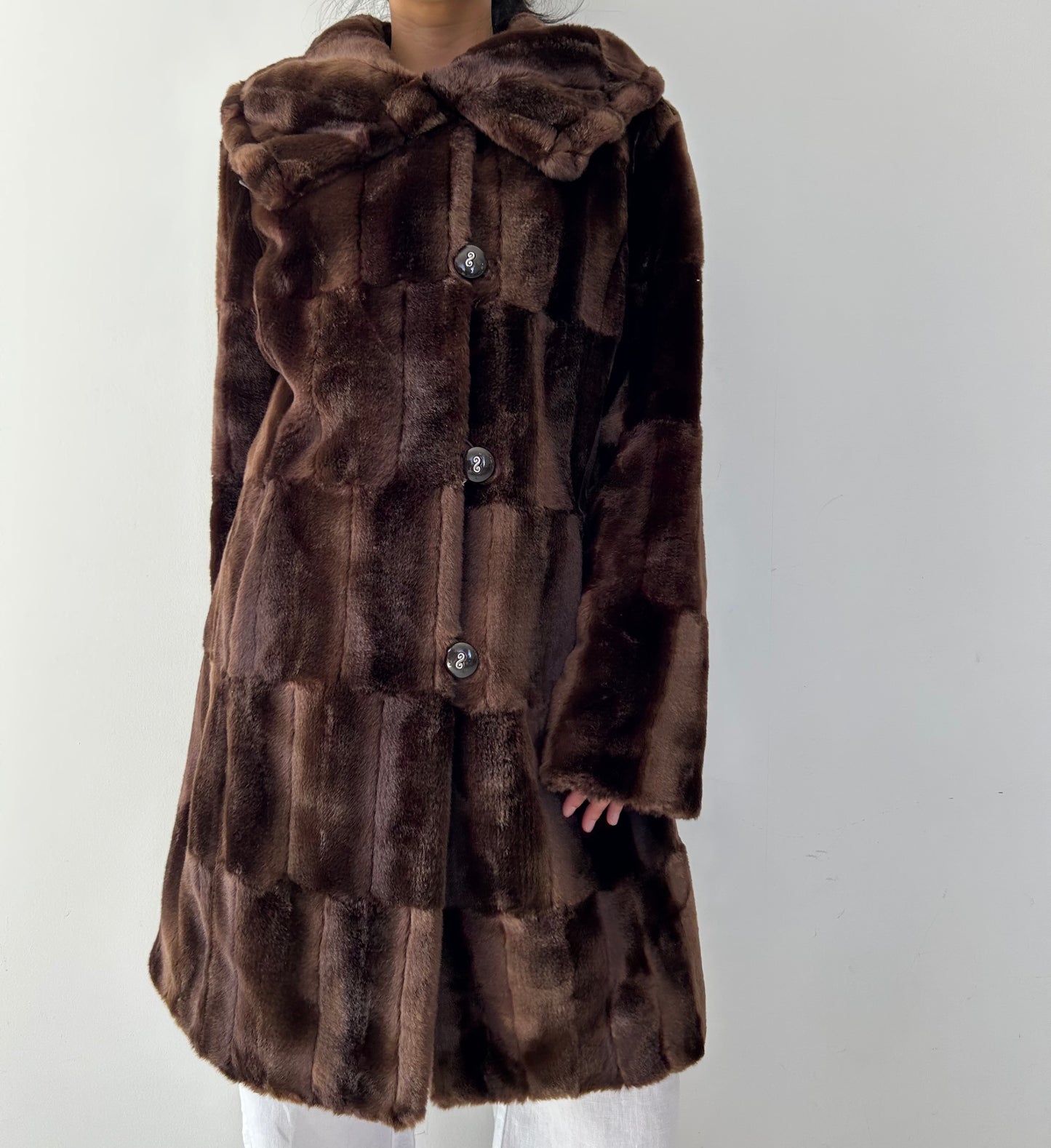 Chocolate Brown Faux Fur Patchwork Coat - Large
