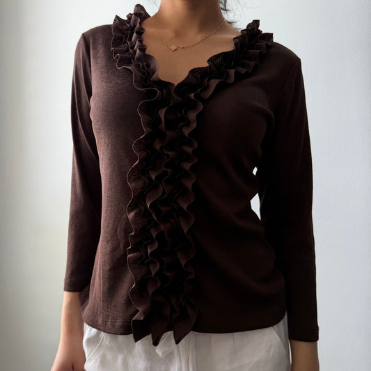 Laura Petites Brown V-Neck Ruffle Long Sleeve Blouse - Small